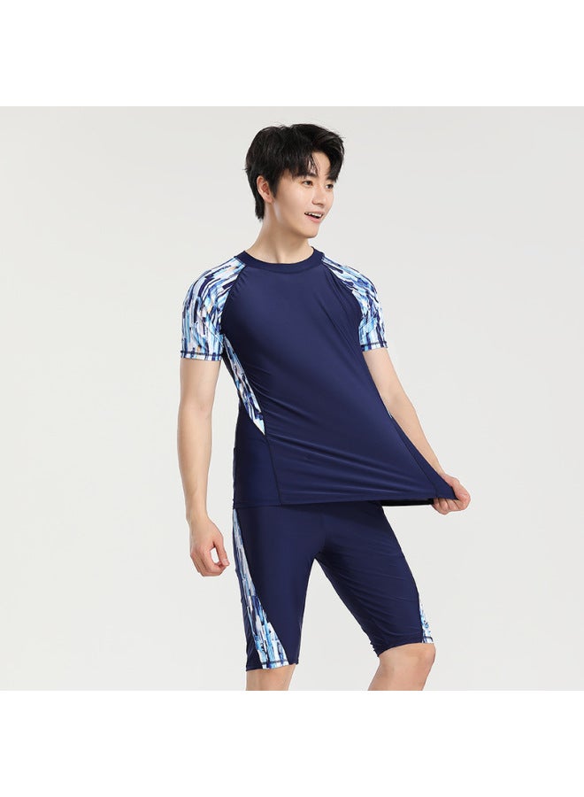 Loquat Two-piece Swimsuit Men's Sun Protection Quick-drying Short-sleeved Shirt Youth Five-point Boxers Sports Training Hot Spring Suit-Color:86 Black- - Image 4