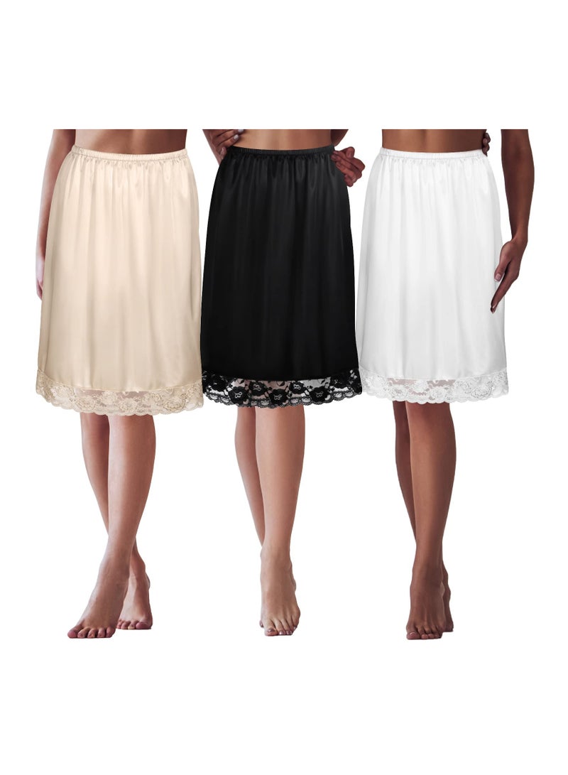 SYOSI 3 Pieces Women's Anti Static Satin Polyester Fabric Lace Half Slip Women's Silky Touch Anti Cling Above Knee Lace Half Slip Dress for Under Dresses, Waistline Approx 60 Cm/23.62 In - Image 1