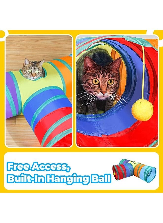 Collapsible Cat Tunnel, Cat Tunnel Indoor Cat Pet Rabbit Play Tunnel 3 Ways + Small Kitty Rabbit Hideout Fold Play Tunnel - 2 Pack (Rainbow)