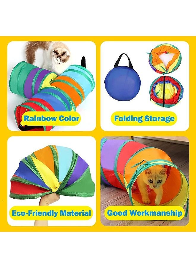 Collapsible Cat Tunnel, Cat Tunnel Indoor Cat Pet Rabbit Play Tunnel 3 Ways + Small Kitty Rabbit Hideout Fold Play Tunnel - 2 Pack (Rainbow)