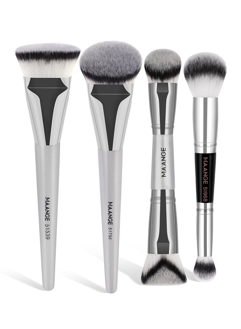 MAANGE فرشاة مكياج الأساس، فرش مكياج مزدوجة الطرف، لتطبيق السائل أو البودرة، أحمر الخدود، كريم، برايمر، لتحديد ودمج الأساس، فرشاة أحمر الخدود (فضي، 4 قطع) - Image 1