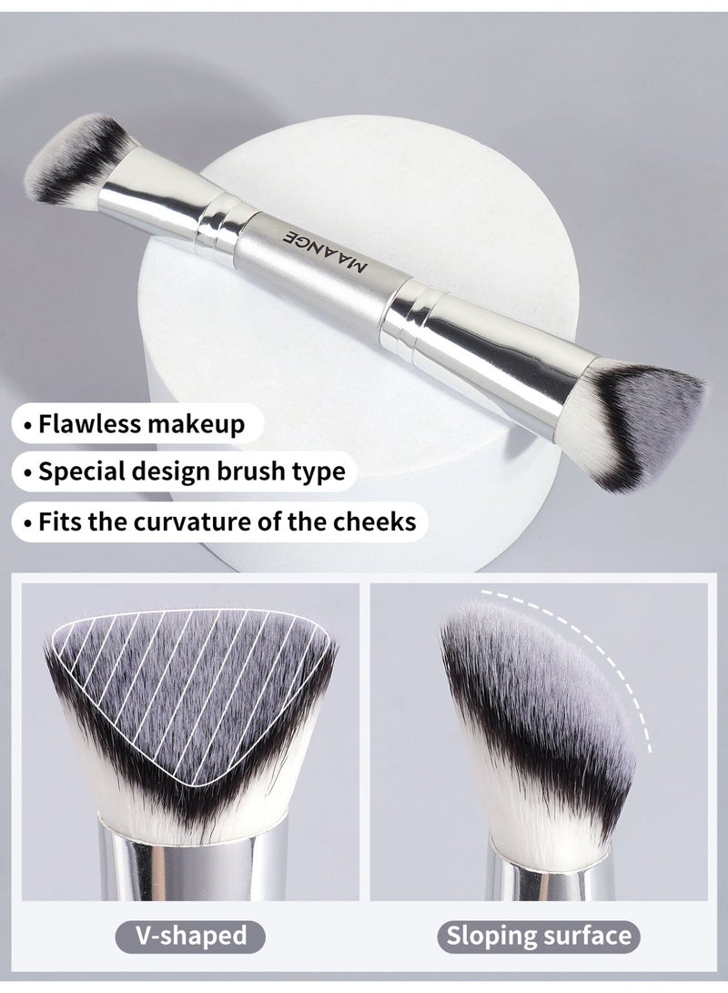 MAANGE فرشاة مكياج الأساس، فرش مكياج مزدوجة الطرف، لتطبيق السائل أو البودرة، أحمر الخدود، كريم، برايمر، لتحديد ودمج الأساس، فرشاة أحمر الخدود (فضي، 4 قطع) - Image 3