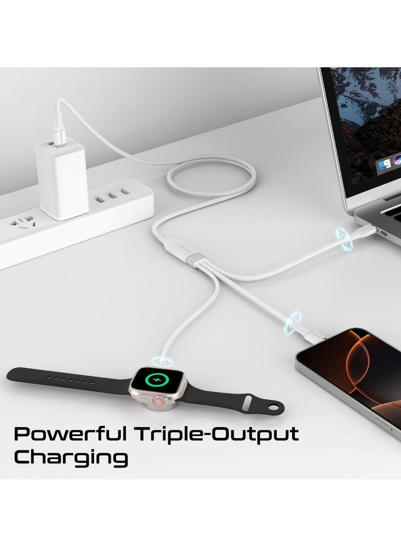 PROMATE Multi-Device Charging Cable with Dual PD100W USB-C Outputs, Apple Watch Compatible Charger, 480Mbps Data Transfer, Nylon Braided Design, 140cm Cable Length, Universal Compatibility, Fusion-CCW white - Image 2