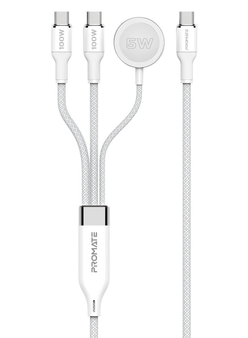 PROMATE Multi-Device Charging Cable with Dual PD100W USB-C Outputs, Apple Watch Compatible Charger, 480Mbps Data Transfer, Nylon Braided Design, 140cm Cable Length, Universal Compatibility, Fusion-CCW white - Image 1