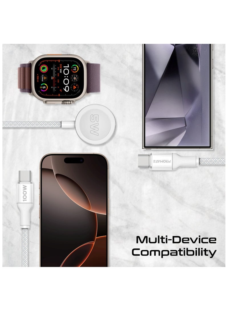 PROMATE Multi-Device Charging Cable with Dual PD100W USB-C Outputs, Apple Watch Compatible Charger, 480Mbps Data Transfer, Nylon Braided Design, 140cm Cable Length, Universal Compatibility, Fusion-CCW white - Image 3