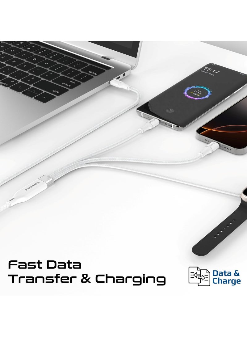 PROMATE Multi-Device Charging Cable with Dual PD100W USB-C Outputs, Apple Watch Compatible Charger, 480Mbps Data Transfer, Nylon Braided Design, 140cm Cable Length, Universal Compatibility, Fusion-CCW white - Image 4