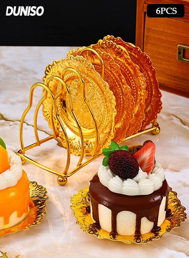 DUNISO 6pcs Dessert Plates Set Elegant Stainless Dessert Plate Set with Storage Rack Dinner Cake Dessert Snack Plate Storage Dried Fruit Plate Tasting Plate Display Stand for Family， Party， Picnic， Home - Image 1