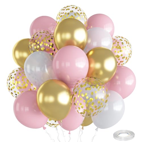 Togvu Balloons Pink White Gold 12 Inch Pastel Pink Pearl White Metallic Chrome Gold Confetti Latex Balloons Baby Pink Gold Party Balloons Set for Girls Baby Shower Birthday Princess Party Decorations - Image 1