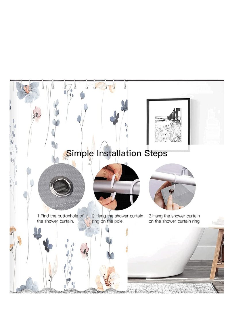 SOLARAE مجموعة ستائر دش زهور مائية، ستارة دش زهور بوهيمية، مجموعة ستائر دش زهور زرقاء مائية، ستارة حمام قماش مقاوم للماء بتصميم حديث وبسيط، مع 12 خطاف (72x72 بوصة) - Image 5