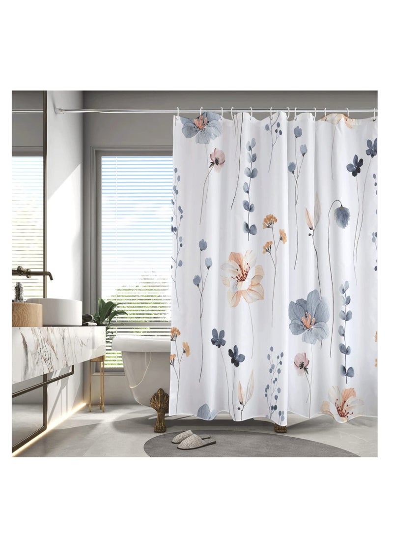 SOLARAE مجموعة ستائر دش زهور مائية، ستارة دش زهور بوهيمية، مجموعة ستائر دش زهور زرقاء مائية، ستارة حمام قماش مقاوم للماء بتصميم حديث وبسيط، مع 12 خطاف (72x72 بوصة) - Image 2