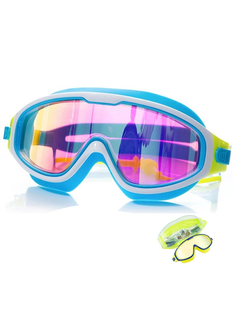 Swim Goggles Kids (Age 3-14) No Leak Swim Goggles Clear Vision Anti Glare Fog UV Soft Silicone Frame Adjustable Strap with Earplugs Blue - Image 1