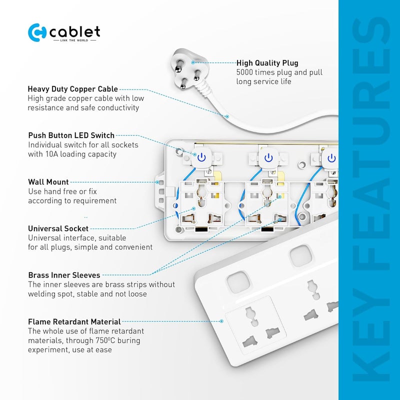Cablet Extension Board 2500W 10A | 6 Universal Multi Plug Socket with Individual Switches | 4.5 Meter Heavy Duty Cord | LED Indicator, Power Strip & Spike Guard for Home & Office Use - Image 4