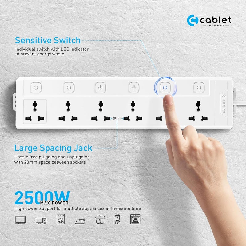 Cablet Extension Board 2500W 10A | 6 Universal Multi Plug Socket with Individual Switches | 4.5 Meter Heavy Duty Cord | LED Indicator, Power Strip & Spike Guard for Home & Office Use - Image 2