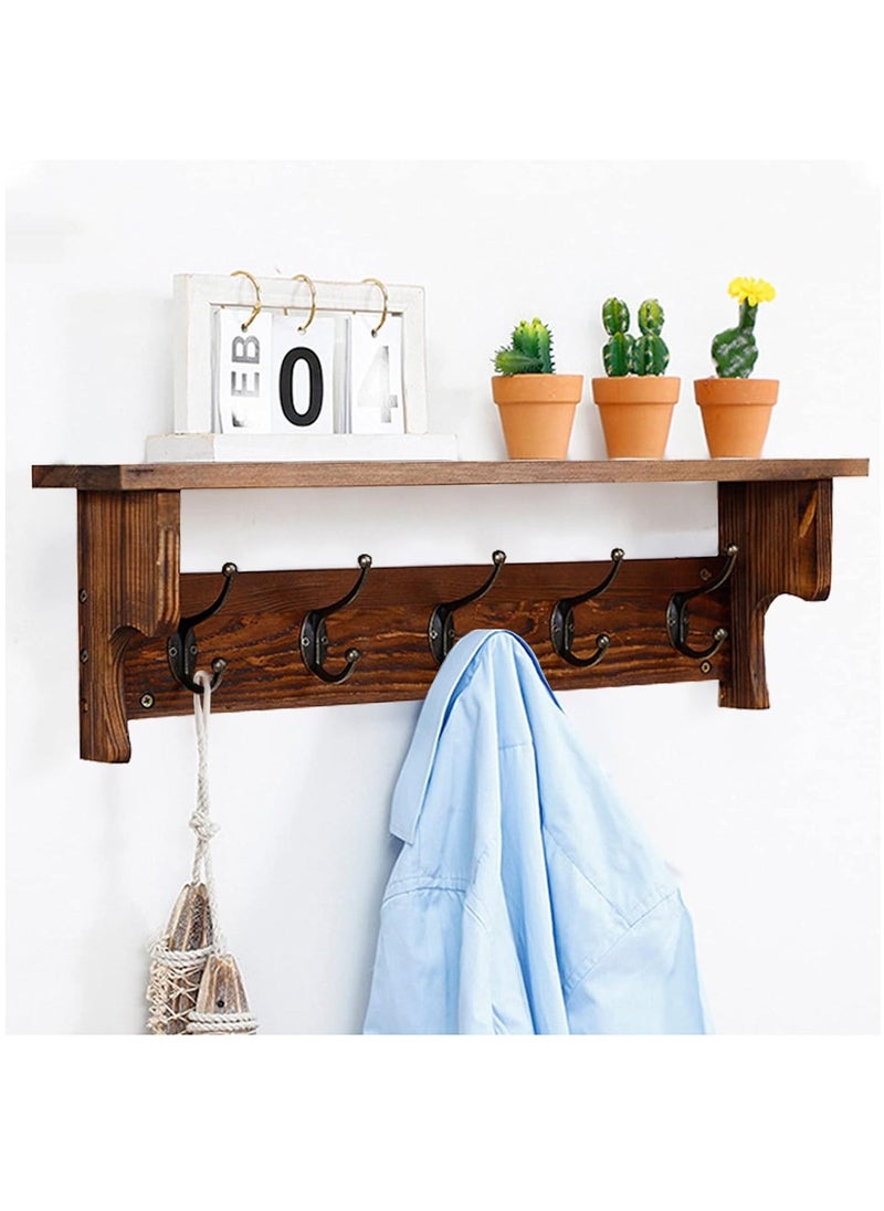 Arabest Wall Hooks with Shelf,Wood Coat Rack with Shelf Wall-Mounted,Entryway Hanging Shelf with 5 Metal Hooks,for Bathroom, Mudroom,Bedroom (Nut-brown) - Image 1