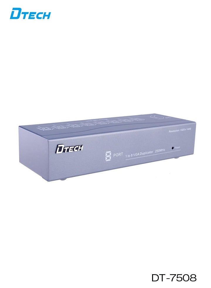 DTECH 1×8 VGA Splitter Amplifier | 250MHz Bandwidth, Full HD 1080p | 1 In 8 Out Video Distributor for Multi Monitors | Signal Booster up to 40m | Metal Housing | Model DT-7508 - Image 1