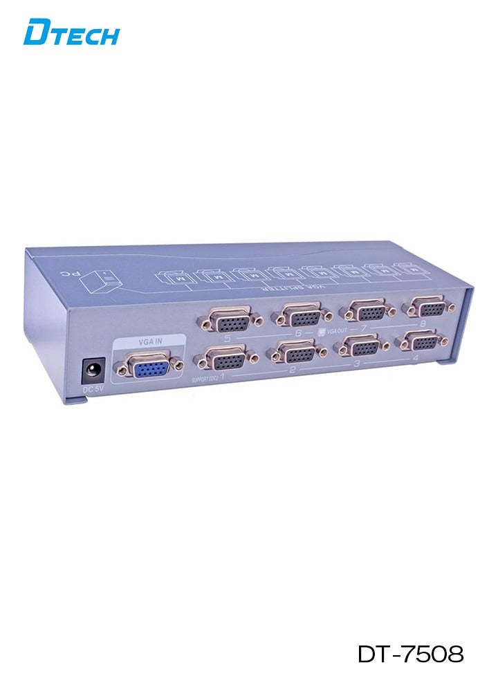 DTECH 1×8 VGA Splitter Amplifier | 250MHz Bandwidth, Full HD 1080p | 1 In 8 Out Video Distributor for Multi Monitors | Signal Booster up to 40m | Metal Housing | Model DT-7508 - Image 2