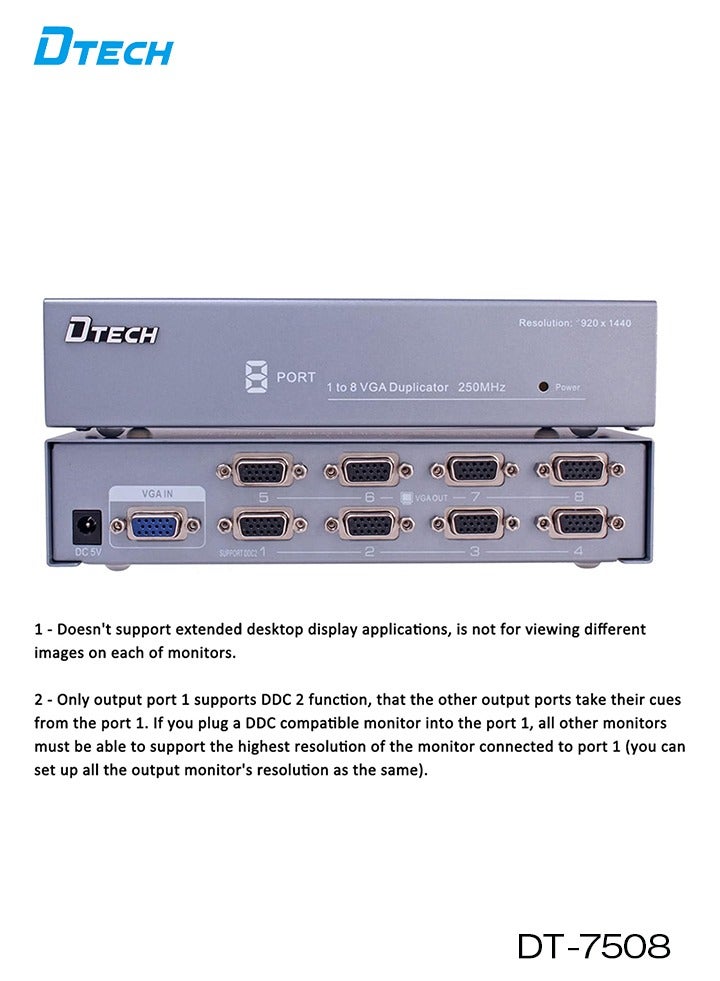 DTECH 1×8 VGA Splitter Amplifier | 250MHz Bandwidth, Full HD 1080p | 1 In 8 Out Video Distributor for Multi Monitors | Signal Booster up to 40m | Metal Housing | Model DT-7508 - Image 5