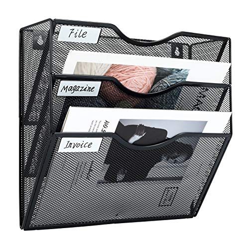 PAG Hanging Wall File Holder Mail Organizer Wall Mount Document Letter Rack, 3-Tier, Black - Image 1