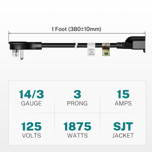 FIRMERST 1875W Flat Plug 1 Foot Extension Cord 14 AWG 15A Black, 3 Packs - Image 3