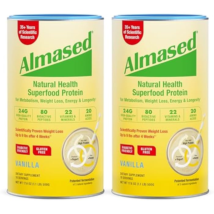 Almased Vanilla Meal Replacement Shake - Low-Glycemic High Plant Base Protein Powder- Nutritional Weight Health Support Supplement - Vanilla Flavor - 17.6 oz (1.1 Pound (2 Pack)) - Image 1