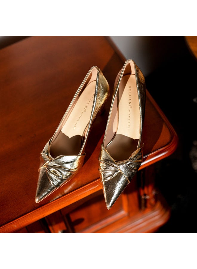 3358-12 Golden Sheep Pointed Twist High-heeled Shoes Women's Thin Heel Advanced Temperament Sheepskin Single Shoes Spring And Autumn