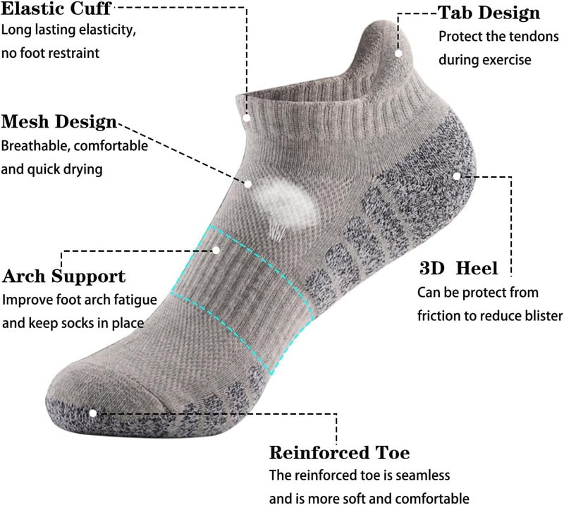 PUJANE 5 Pairs Athletic Running Ankle Socks Cushioned Breathable Low Cut Sports Tab Cotton Socks for Men and Women - Image 2