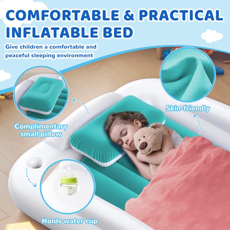 Deeteck Inflatable Toddler Travel Bed - 60 Inches Portable Toddler Bed for Travel with Safety Sides - Cozy Kids Air Mattress Set with High-Speed Pump & Carry Case - Easy to Inflate(Teal Blue) - Image 5