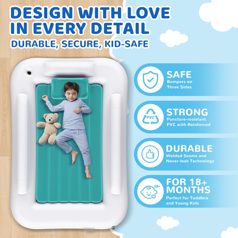 Deeteck Inflatable Toddler Travel Bed - 60 Inches Portable Toddler Bed for Travel with Safety Sides - Cozy Kids Air Mattress Set with High-Speed Pump & Carry Case - Easy to Inflate(Teal Blue) - Image 2