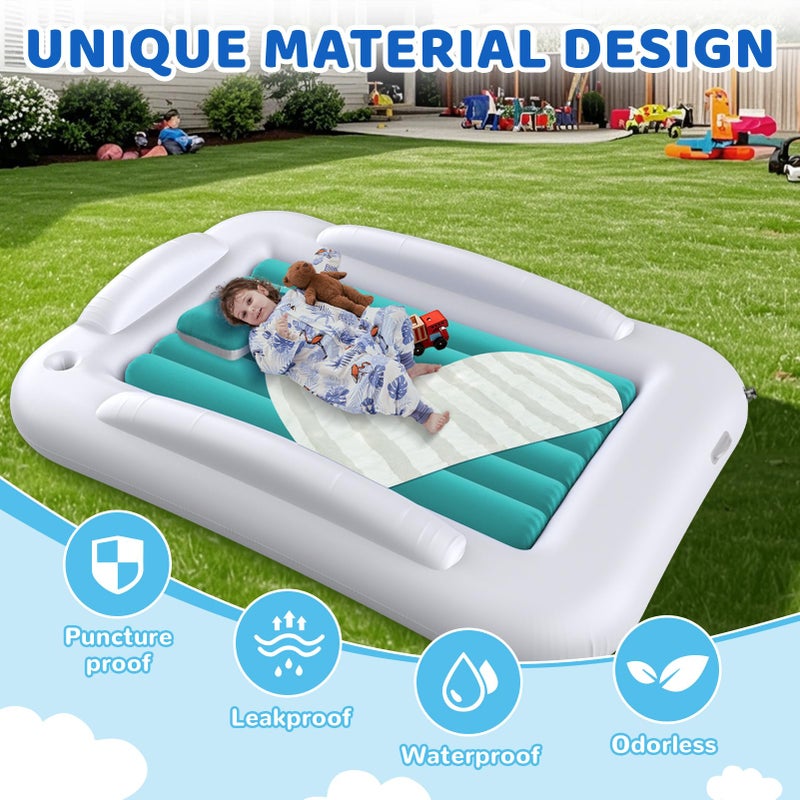 Deeteck Inflatable Toddler Travel Bed - 60 Inches Portable Toddler Bed for Travel with Safety Sides - Cozy Kids Air Mattress Set with High-Speed Pump & Carry Case - Easy to Inflate(Teal Blue) - Image 4