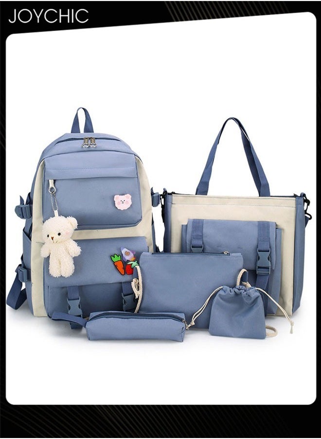 Joychic - 5-Piece Canvas Large Capacity School Backpack Set Multifunction Brief Bookbag With Pencil Pouch For Middle High College Students Blue - Image 1