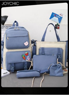 Joychic 5-Piece Canvas Large Capacity School Backpack Set Multifunction Brief Bookbag With Pencil Pouch For Middle High College Students Blue  - Image 2