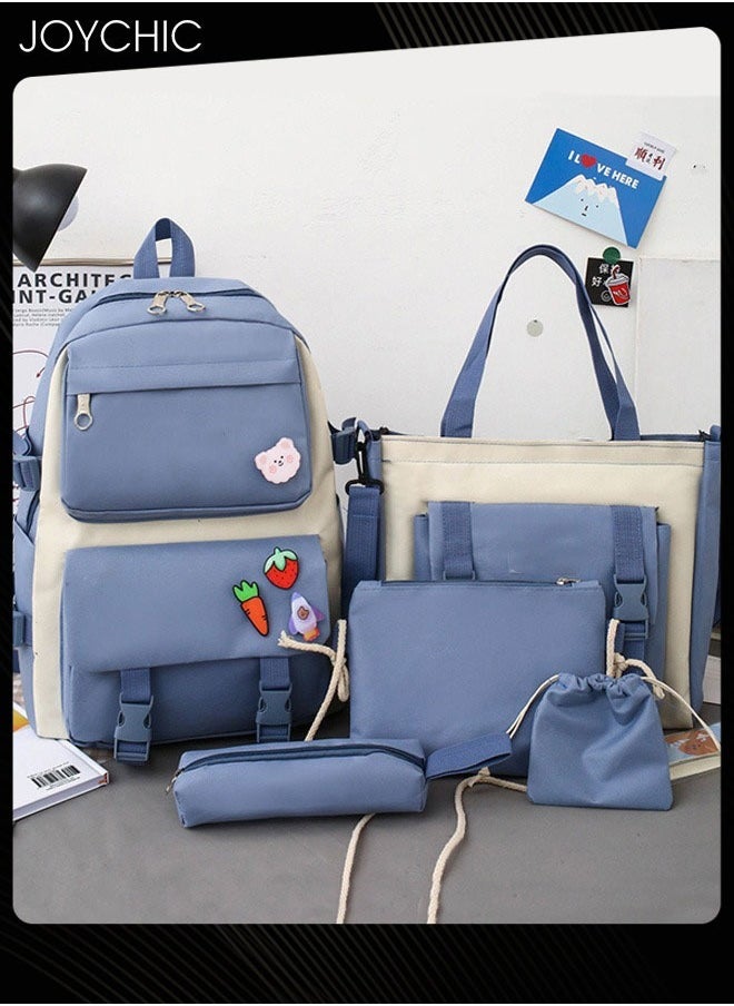 Joychic - 5-Piece Canvas Large Capacity School Backpack Set Multifunction Brief Bookbag With Pencil Pouch For Middle High College Students Blue - Image 1