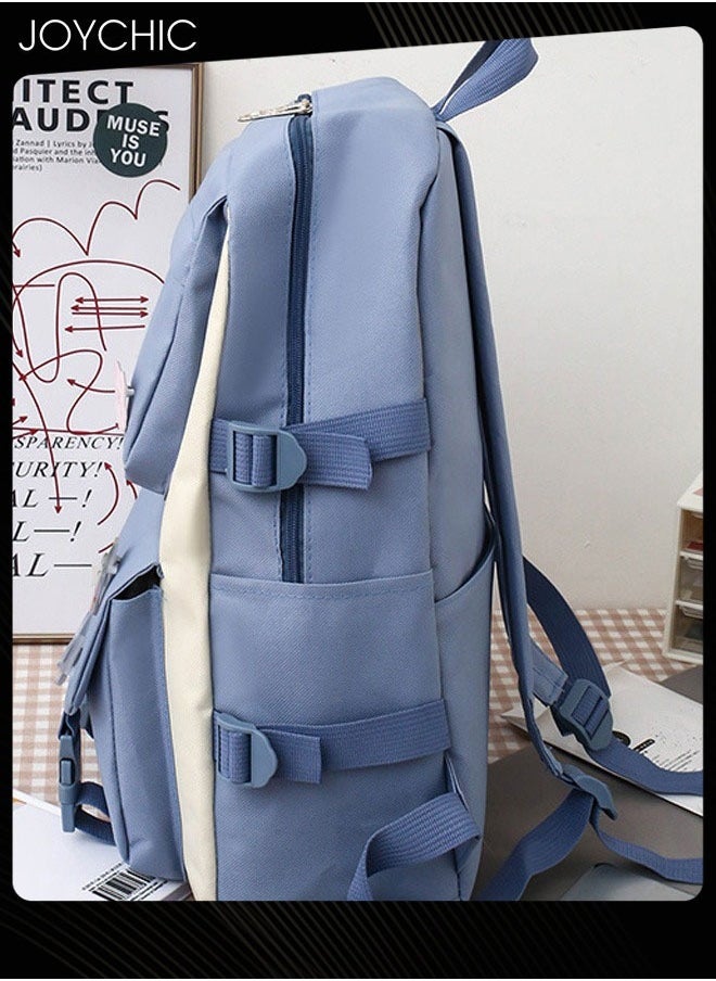 Joychic - 5-Piece Canvas Large Capacity School Backpack Set Multifunction Brief Bookbag With Pencil Pouch For Middle High College Students Blue - Image 1