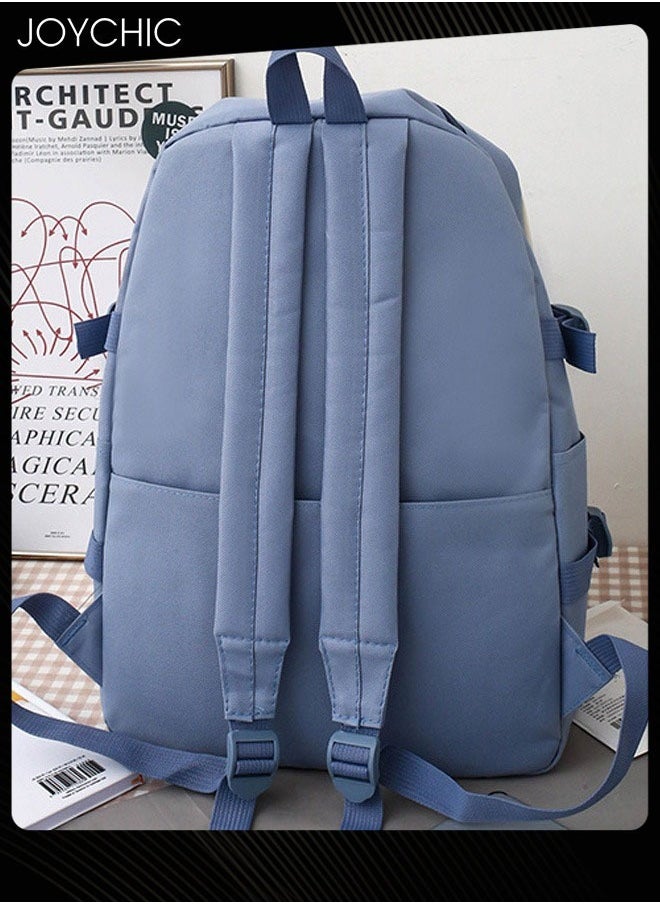 Joychic - 5-Piece Canvas Large Capacity School Backpack Set Multifunction Brief Bookbag With Pencil Pouch For Middle High College Students Blue - Image 1