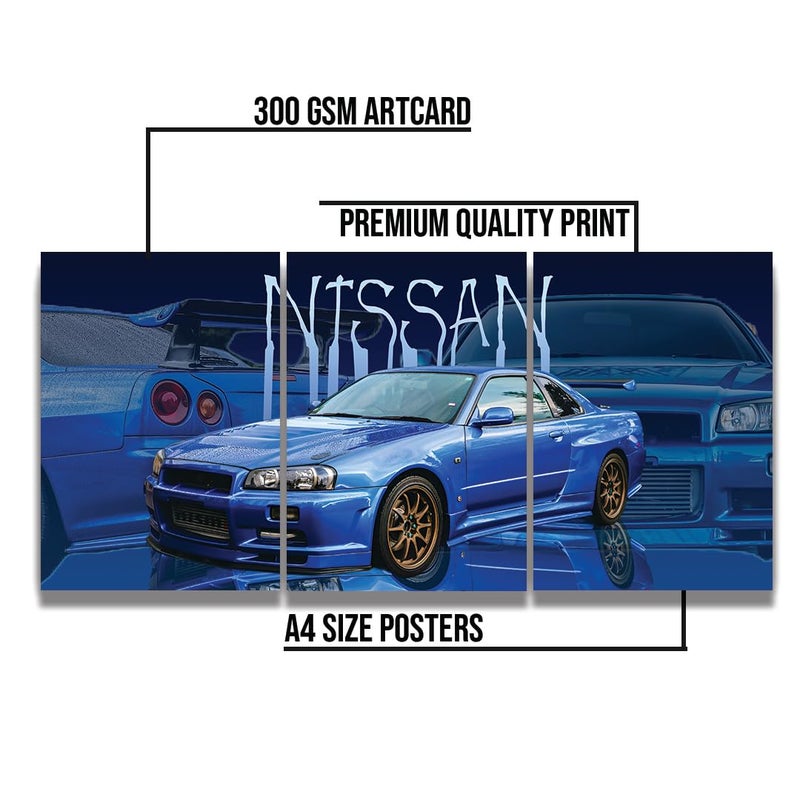 zenithink ملصق حائط نيسان سكايلاين GTR، عبوة من 3 تصاميم سيارات جمالية - 8x12 بوصة (حجم A4 - 300GSM) مع نقاط لاصقة لتزيين الحائط، فن الحائط لغرفة النوم، غرفة المعيشة، المكتب، غرفة الطعام - Image 4