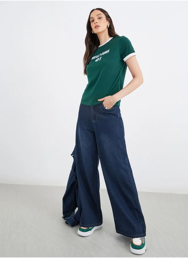 Styli Styli Mid Rise Faded Wide Leg Jeans with Drawstring