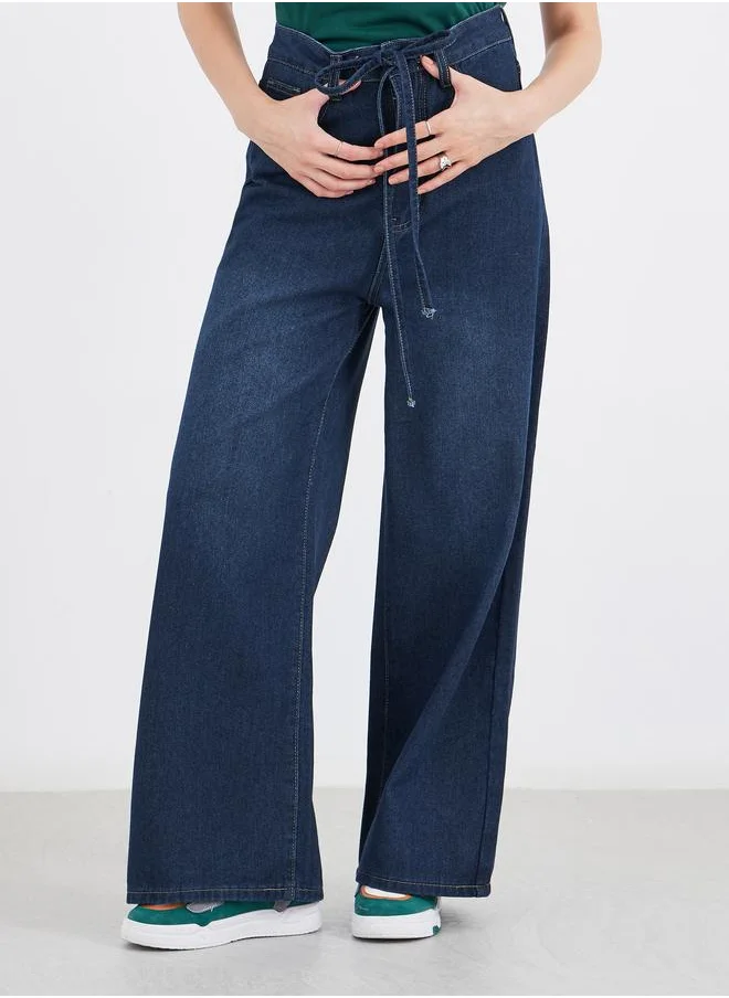 Styli Styli Mid Rise Faded Wide Leg Jeans with Drawstring