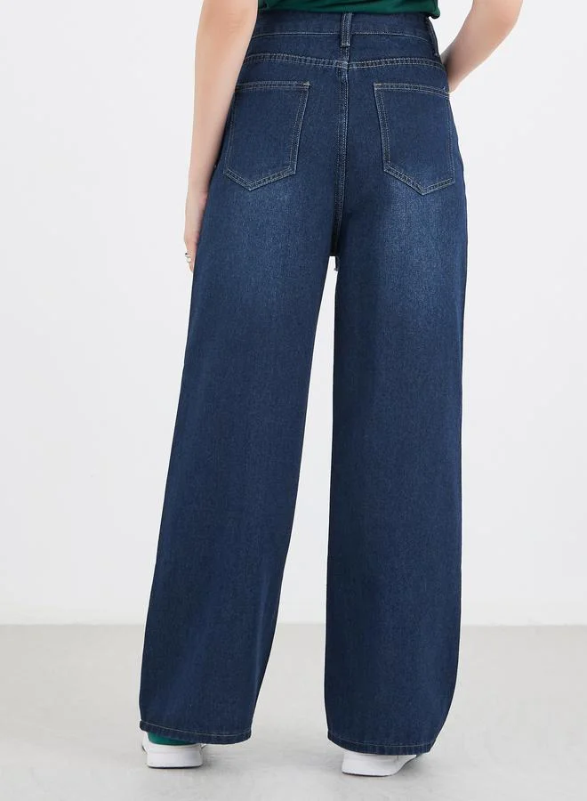 Styli Styli Mid Rise Faded Wide Leg Jeans with Drawstring