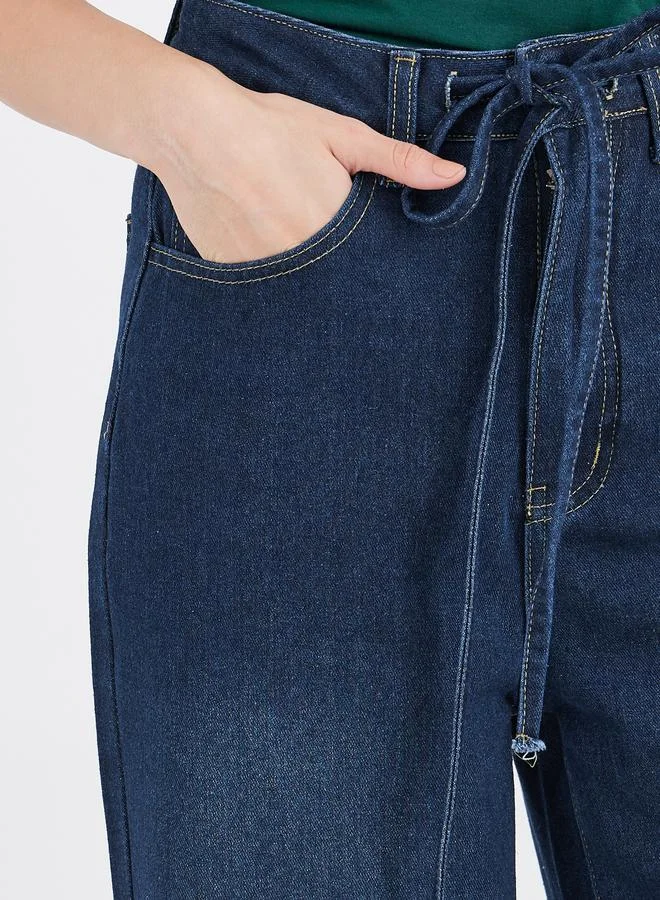 Styli Styli Mid Rise Faded Wide Leg Jeans with Drawstring
