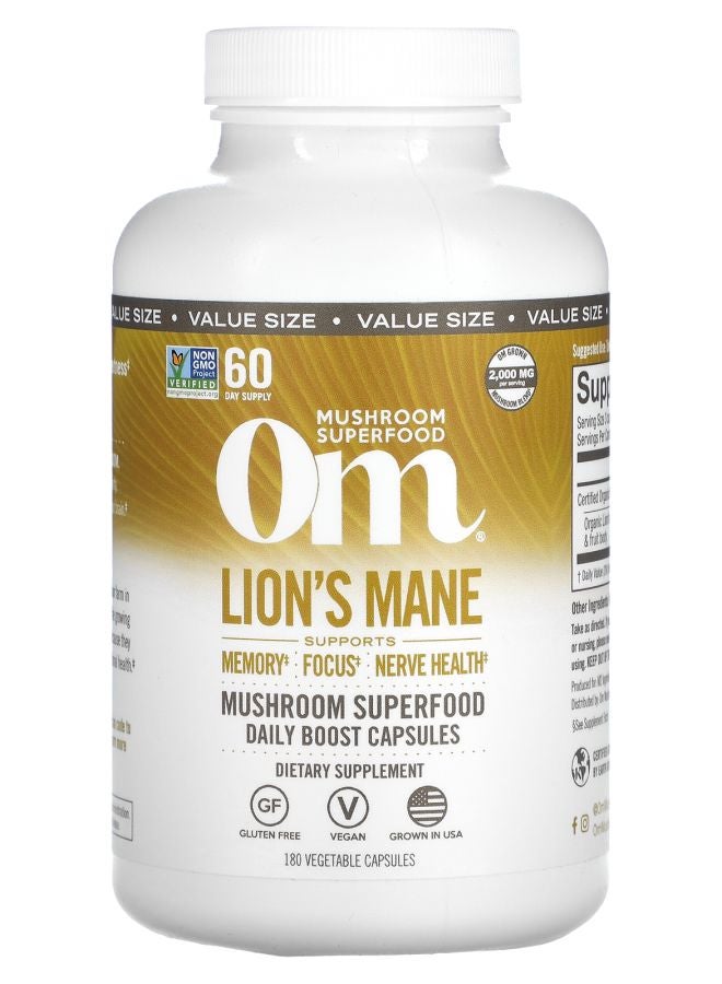 Om Mushrooms فطر ذيل الأسد سوبر فود 2000 ملغ 180 كبسولة نباتية (667 ملغ لكل كبسولة)