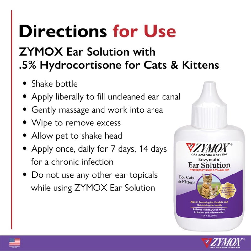 Zymox Enzymatic Ear Solution with 0.5% Hydrocortisone for Cats & Kittens, 1.25 oz. â€“ Cleans & Refreshes Ear Canal for Relief from Wax, Dirt Buildup, Itchiness, Irritation, Inflammation & Redness - Image 5