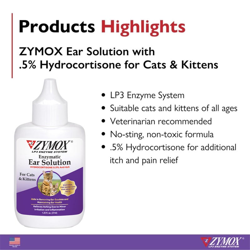 Zymox Enzymatic Ear Solution with 0.5% Hydrocortisone for Cats & Kittens, 1.25 oz. â€“ Cleans & Refreshes Ear Canal for Relief from Wax, Dirt Buildup, Itchiness, Irritation, Inflammation & Redness - Image 4