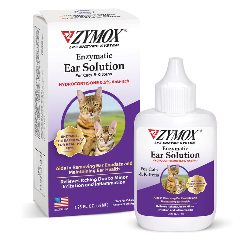 Zymox Enzymatic Ear Solution with 0.5% Hydrocortisone for Cats & Kittens, 1.25 oz. â€“ Cleans & Refreshes Ear Canal for Relief from Wax, Dirt Buildup, Itchiness, Irritation, Inflammation & Redness - Image 1