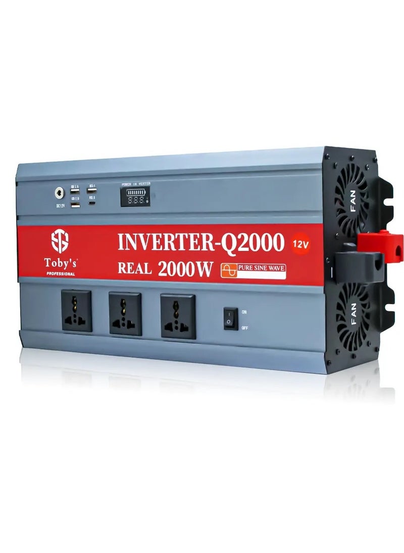 Toby's - Toby’s New 2000W Car Power Inverter 12V to 220V Ac Power Converter Front LED Display Pure Sine Wave Inverter For Laptop Tablet Solar System Camping - Image 1