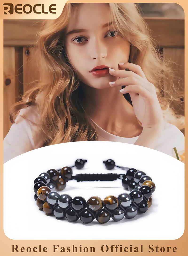 REOCLE Unisex Tiger Eye Obsidian Bracelet Natural Tiger Eye Black Agate and Hematite Bracelet Fashion Beaded Bracelet Quality Choice for Friends and Family - Image 1