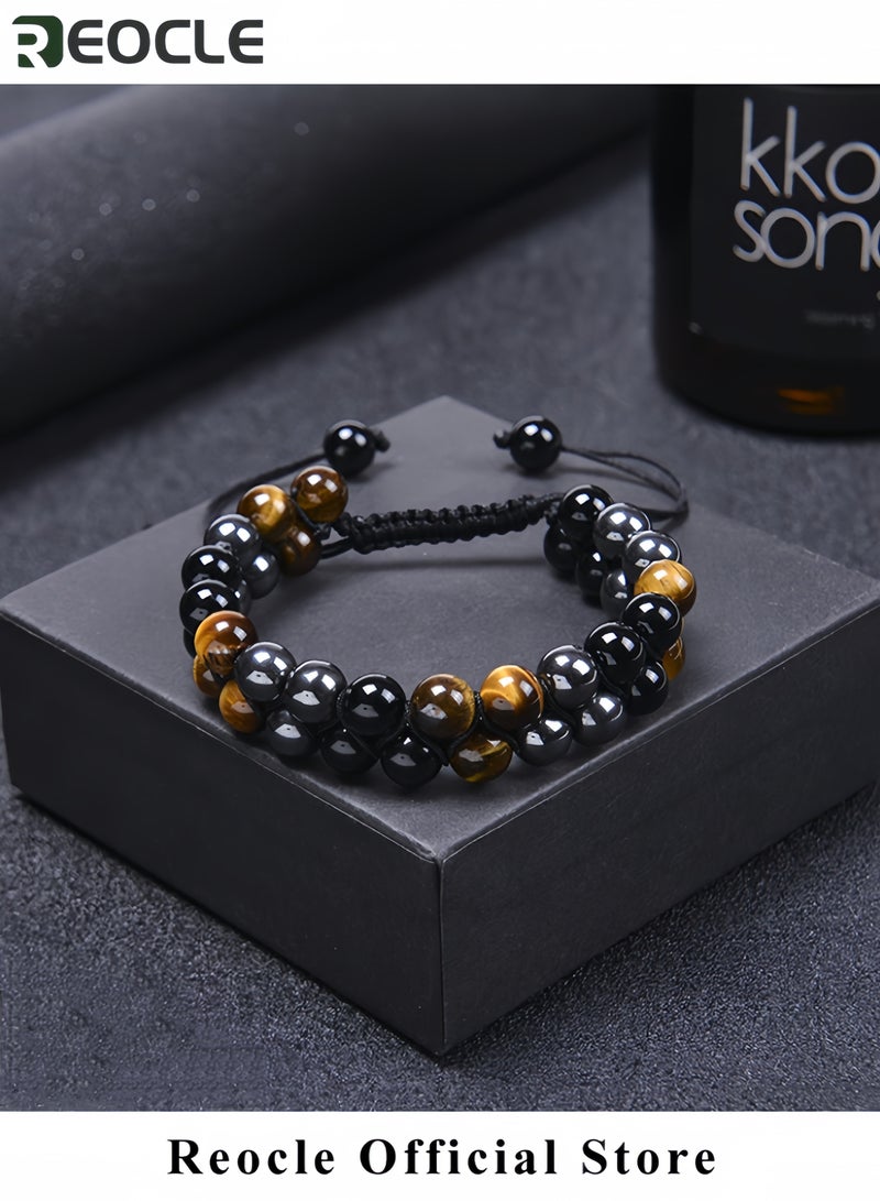 REOCLE Unisex Tiger Eye Obsidian Bracelet Natural Tiger Eye Black Agate and Hematite Bracelet Fashion Beaded Bracelet Quality Choice for Friends and Family - Image 2