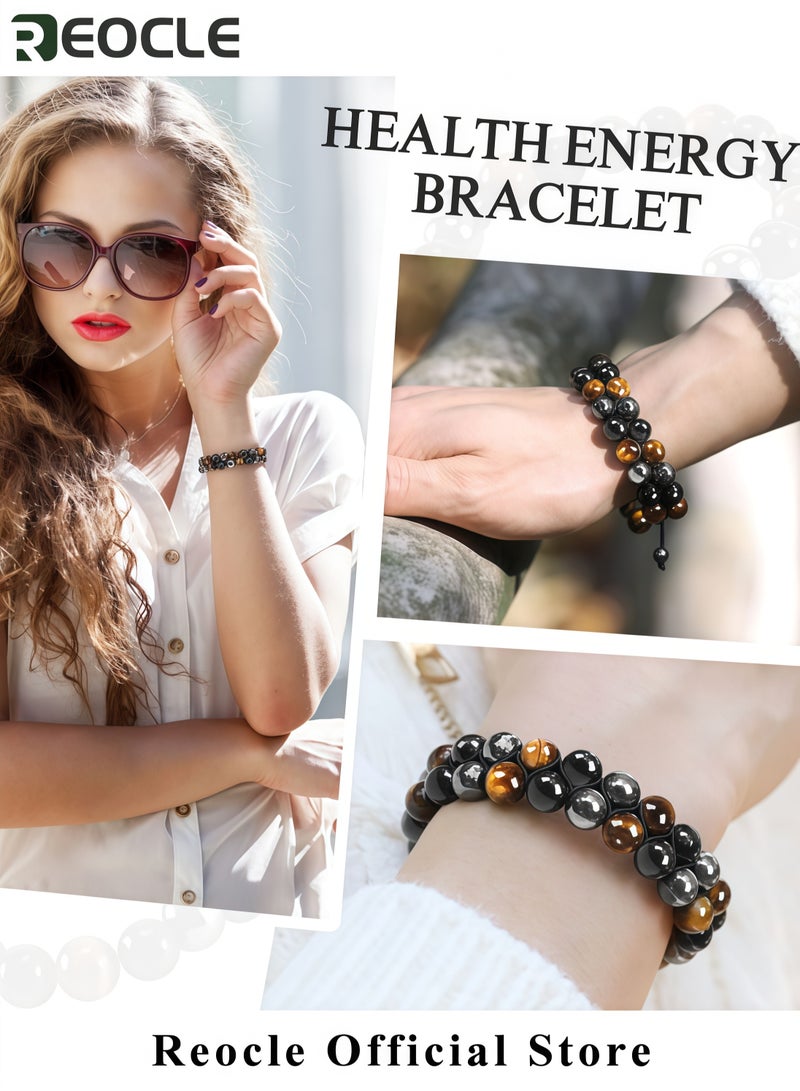 REOCLE Unisex Tiger Eye Obsidian Bracelet Natural Tiger Eye Black Agate and Hematite Bracelet Fashion Beaded Bracelet Quality Choice for Friends and Family - Image 3