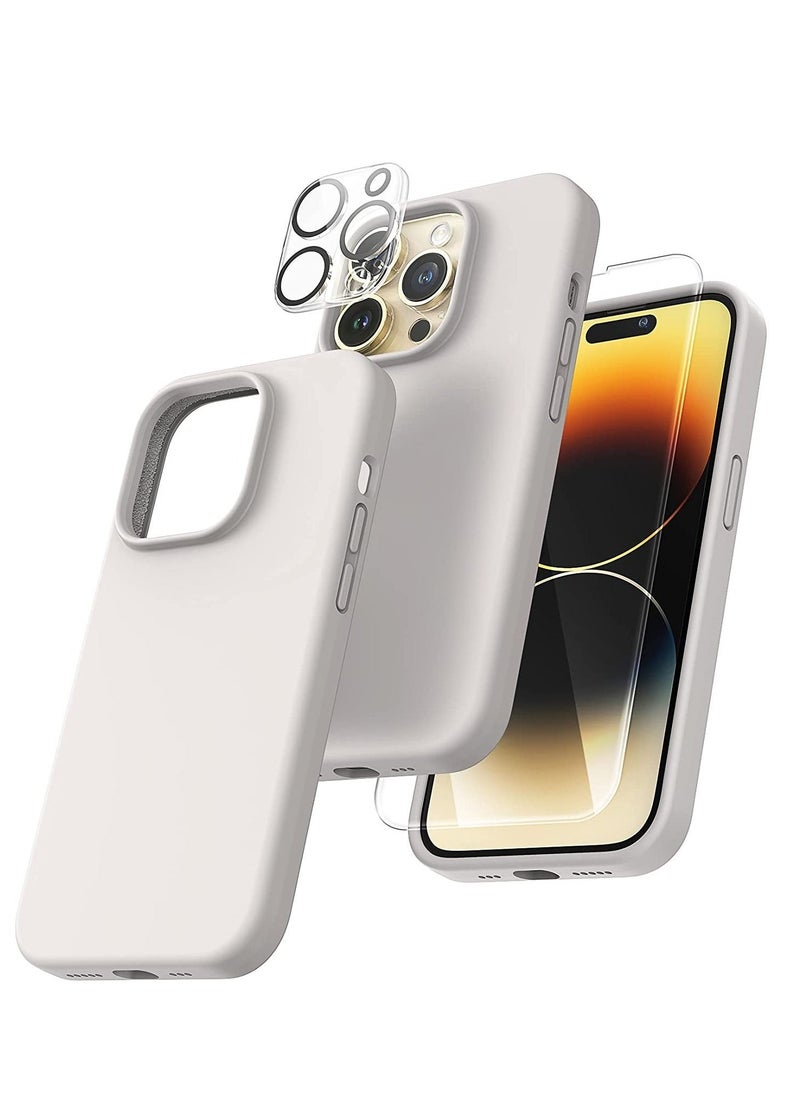 Raxoom [5 in 1] for iPhone 14 pro max Case, with 2 Pack Screen Protector + 2 Pack Camera Lens Protector, Slim Liquid Silicone Phone Case 6.7 Inch, [Anti-Scratch] [Drop Protection], Stone - Image 1