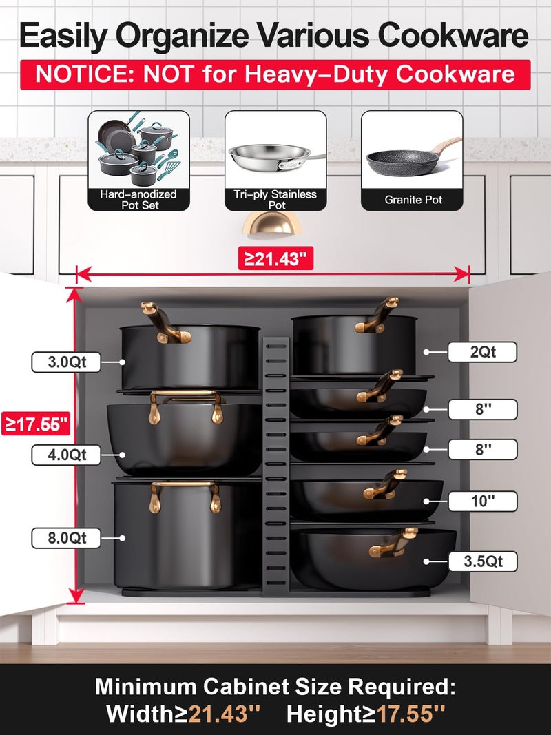 MUDEELA Pots and Pans Organizer Rack under Cabinet 14.55in Height, 8-Tiers Adjustable Pot Rack with 3 DIY Methods, Pot Lid Organizer inside Cabinet for Kitchen Pantry Organization and Storage - Image 2
