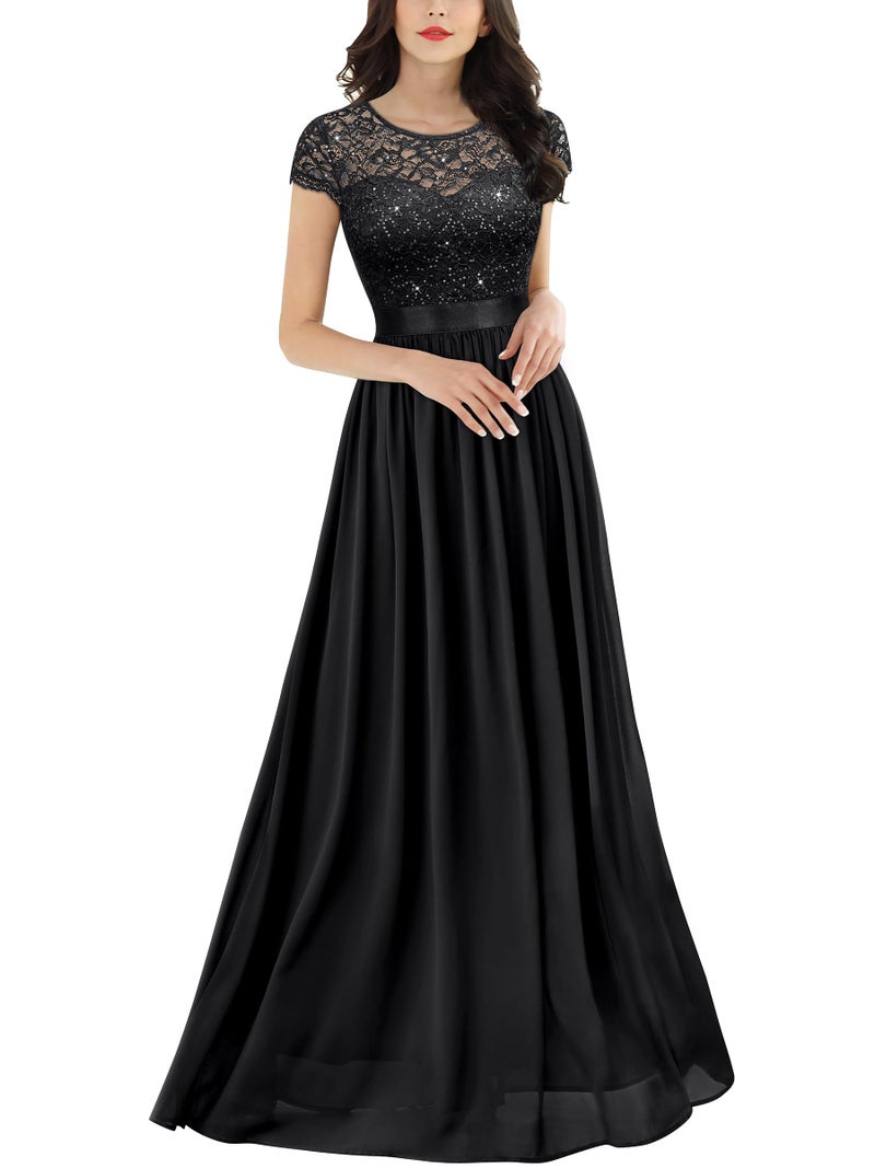 Miusol Women's Classy Scoop Neck Sequin Lace Contrast Bridesmaid Party Maxi Dress (Small, Black) - Image 1